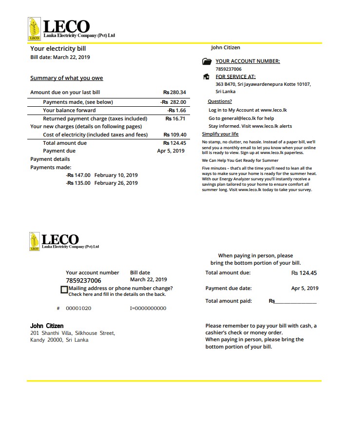 Sri Lanka LECO Company electricity utility bill template in Word and PDF format